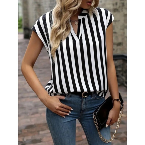 Striped Notched Neck Blouse, Casual Short Sleeve Blouse For Spring & Summer, Wom - Picture 2 of 3